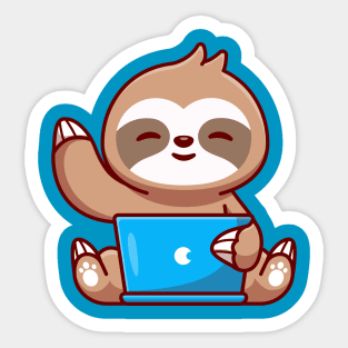 Cute Sloth Working On Laptop Cartoon Sticker